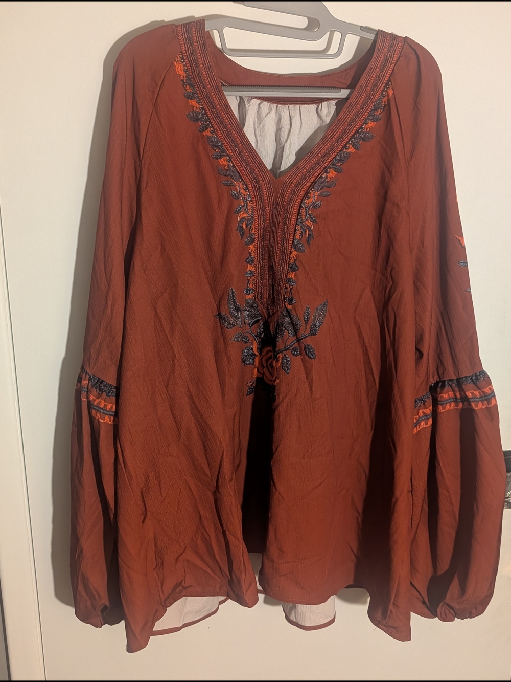 Rust Embroidered V-Neck Peasant Blouse
